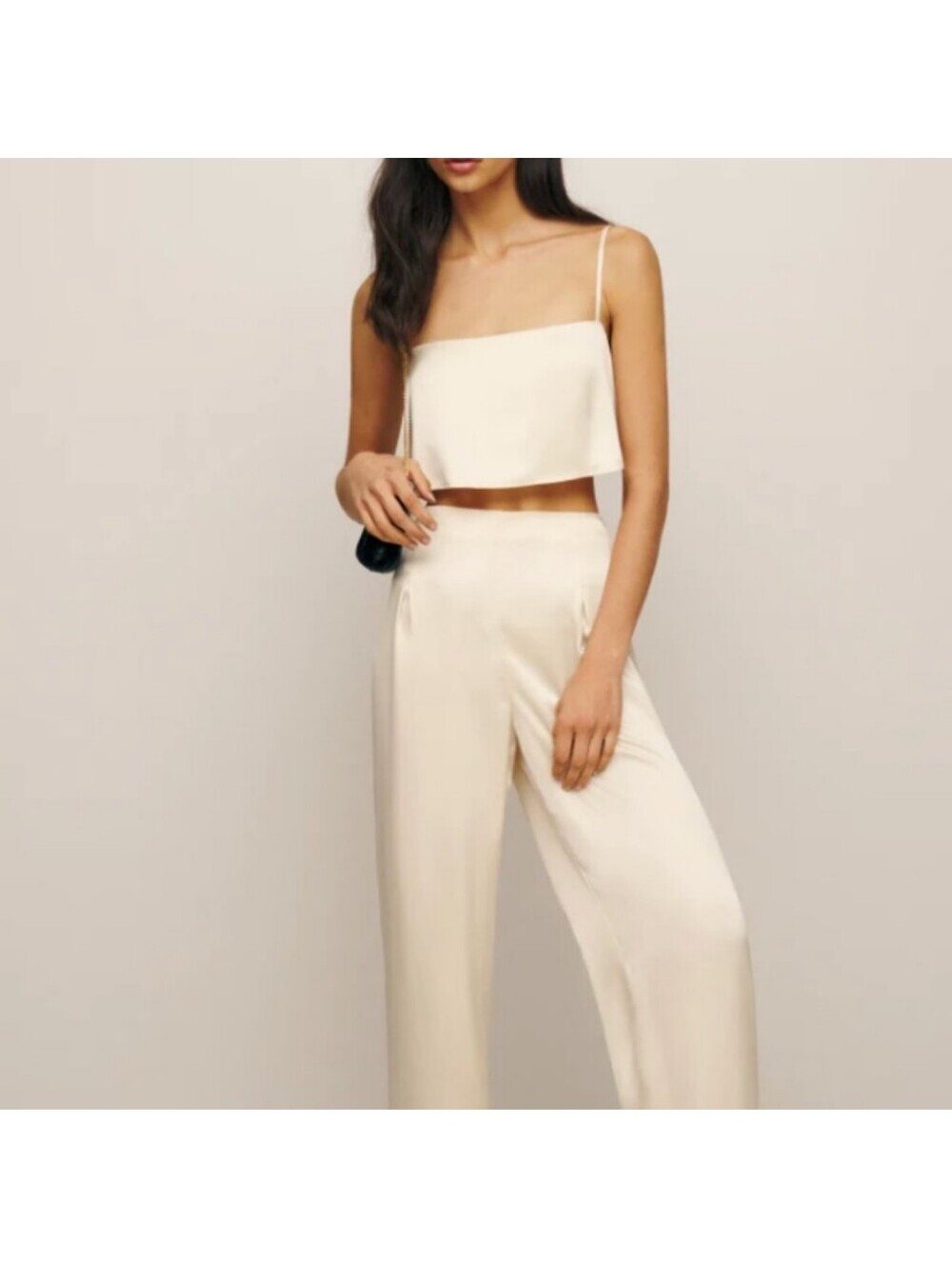 Reformation Cleo Satin 2pc. Set.Ivory Crop Top With Wide Leg Side Zip Pants.Sz.8